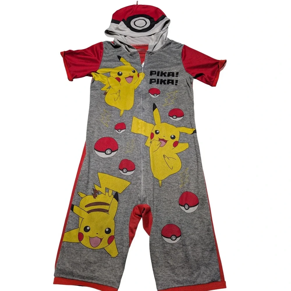 Pokemon Pikachu Hooded‎ Union Suit Romper Boys Small Gray Red Pika Pika Pajamas
